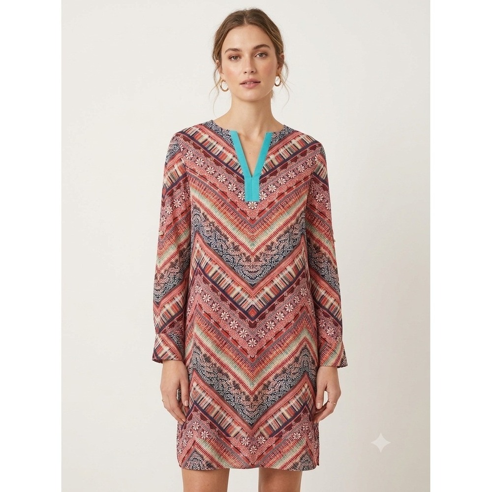 Antonio Melani Festival Indie Bohemian Chevron V-Neck Roll Tab Shift Dress 14